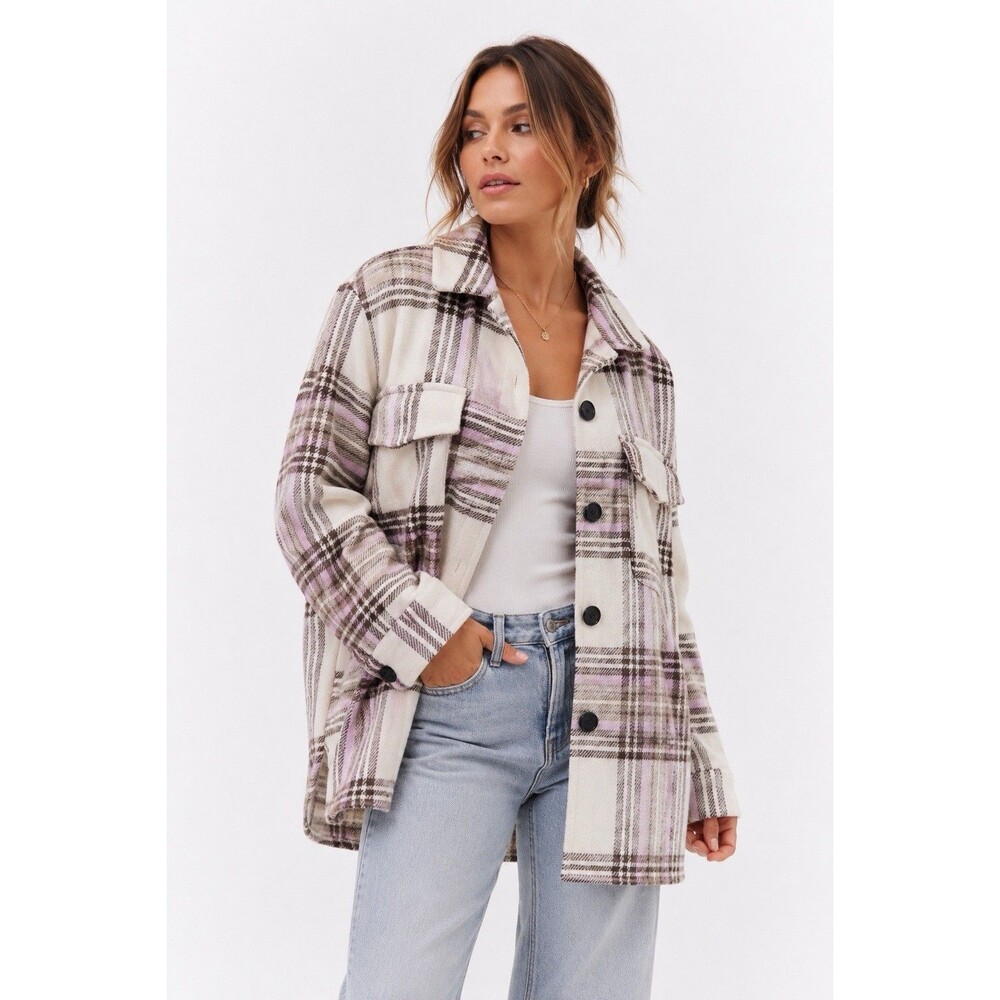 Miss Selfie Plaid Shacket Jacket Cream Pink Brown Button Front Women’s Large